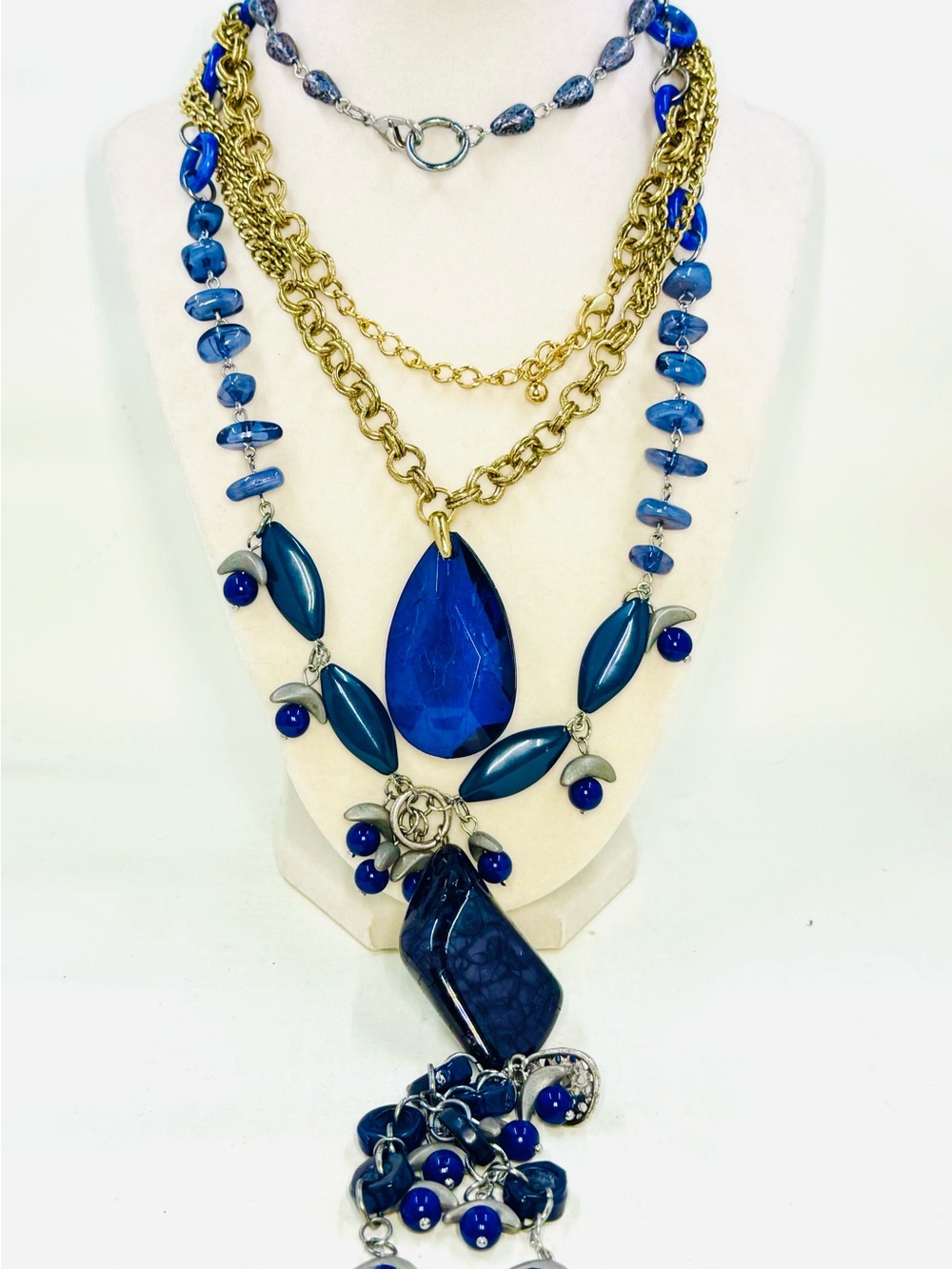 Set of 2 Purple Tones Beaded & Crystal Drop Tassel Statement Necklaces